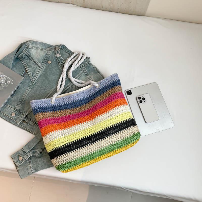 Casual Beach Handbag Strip Weave Bag Large Capacity Lazy Style Rainbow Beach Bag Bohemian Style Hollow Tote Bag Streetwear CLE