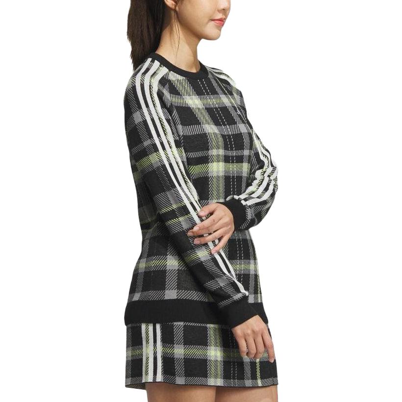 Adidas Plaid Crew Neck Casual Long Sleeve T-Shirt Women Tops Black HY0906
