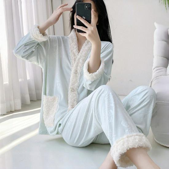 Sea Island Baumwolle Damen Fleece Pyjama Set – Langarm & Hose für Herbst/Winter.