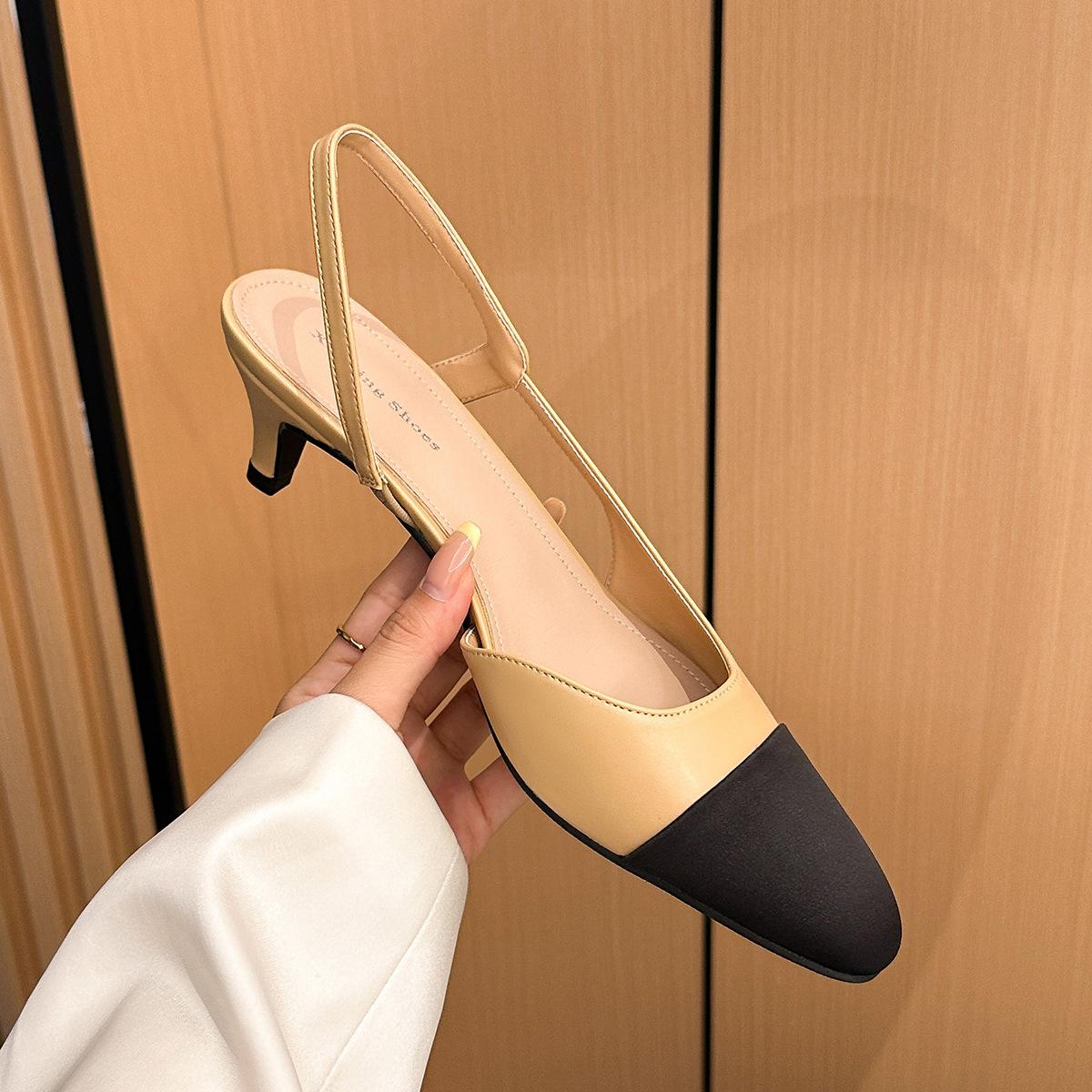 

937-2 French retro color matching sandals with thick heels and empty square head single shoes, small fragrant temperament women s shoes 40 хаки