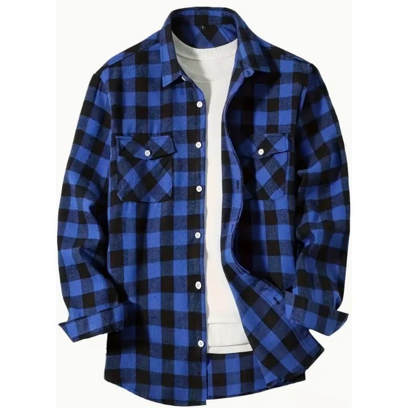 

Мужская клетчатая рубашка на пуговицах с длинным рукавом, повседневная модная фланелевая рубашка, весна S синий