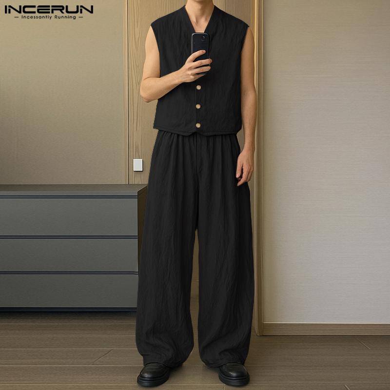 INCERUN Two Pieces Vintage Men Sleeveless Tops Long Pants Sets Outfits