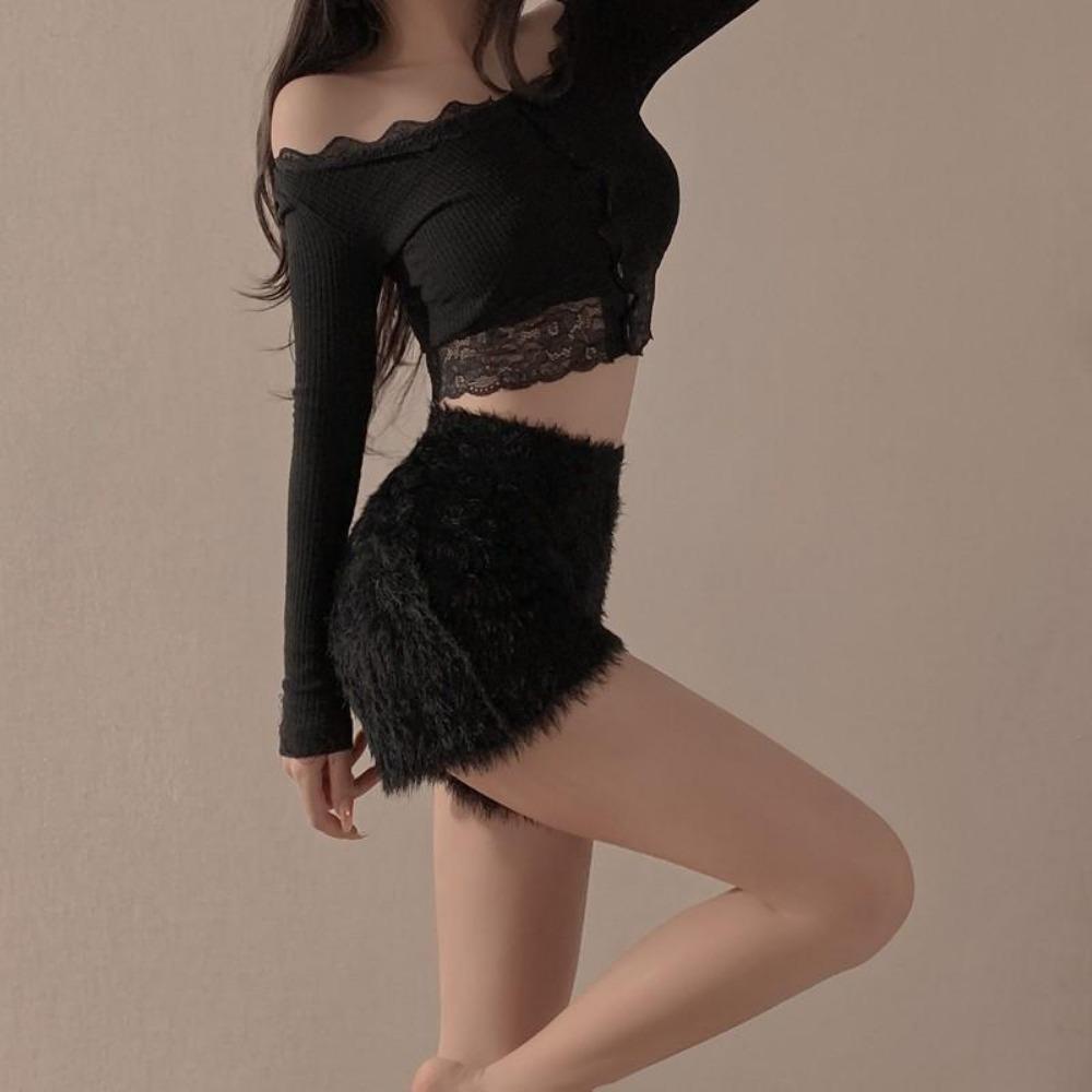 

Женские вязаные повседневные брюки широкого кроя из флиса норки на осень и зиму, меховые, с высокой посадкой, свободные спортивные шорты, мягкие базовые штаны, защитные шорты L чёрный