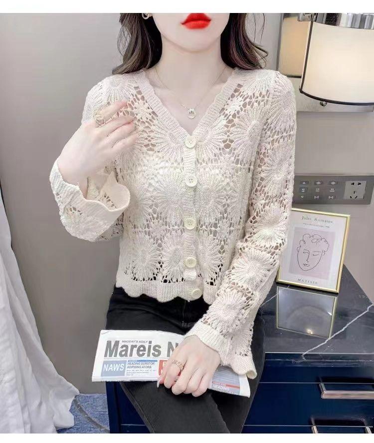 Summer Women's Thin Knit Sweater Long Sleeve Short Sun Protection Jacket Lace Cut-out Knitted Cardigan Coat
