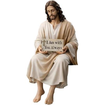 Figurilla de Compañero de Escritorio de Resina de Jesús, Estatua de Jesucristo de Diseño Sentado Hecha a Mano, Decoración de Estatua de Jesús con Señal 'Siempre Estoy Contigo', Estatuilla Religiosa Serena