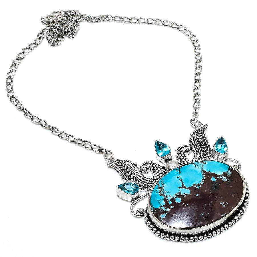 Tibetan Turquoise, Topaz 925 Sterling Silver Jewelry Necklace 18" J9q96