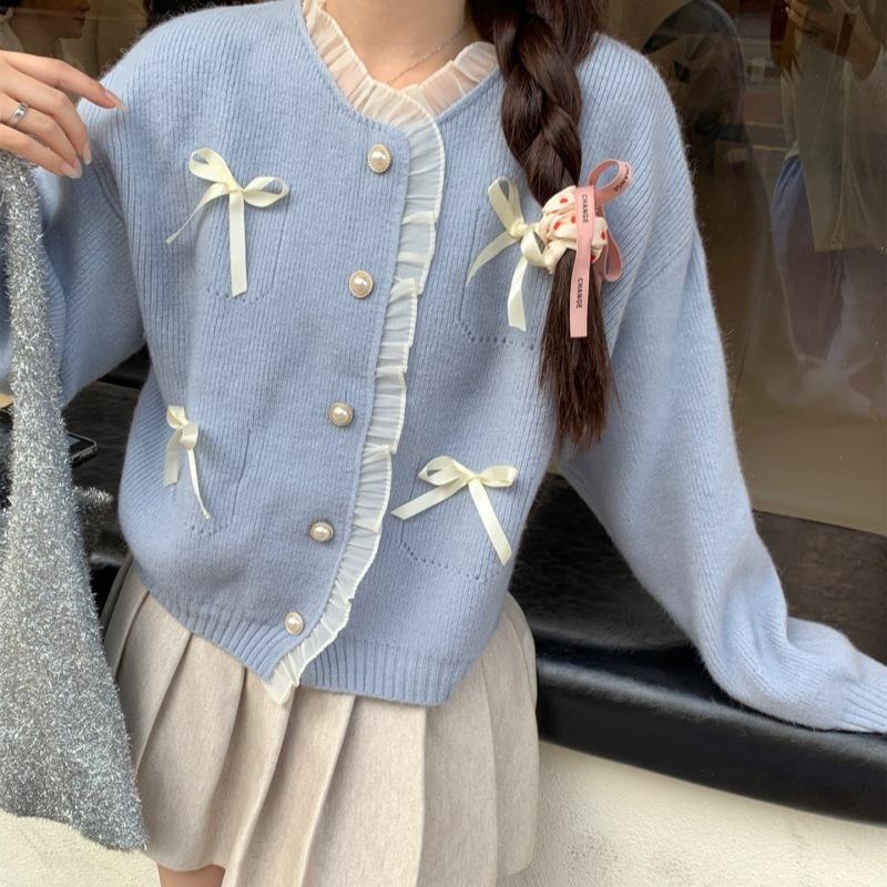 Sweet and Gentle Wind Pink Bow Knitted Sweater Top Foreign Style Sweater Spring Sweater Jacket Women
