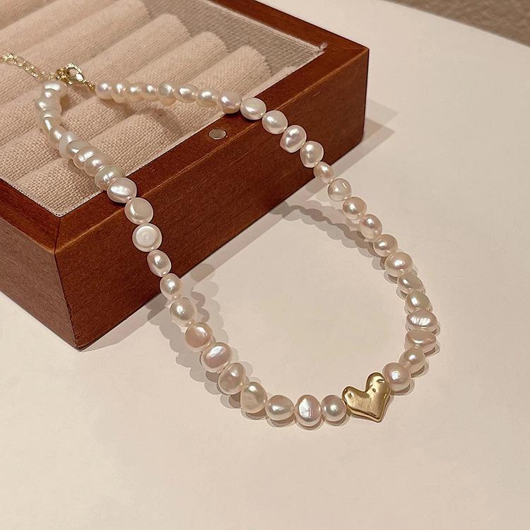 

Барочное колье-чокер из речного жемчуга и матового золота в форме сердца для женщин - Французский ретро-стиль