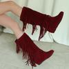 Plus Size Frosted Suede Material Three Sections Of Tassels Fine Stripes Flat Bottomed Sloping Heels Retro Midsole Boots