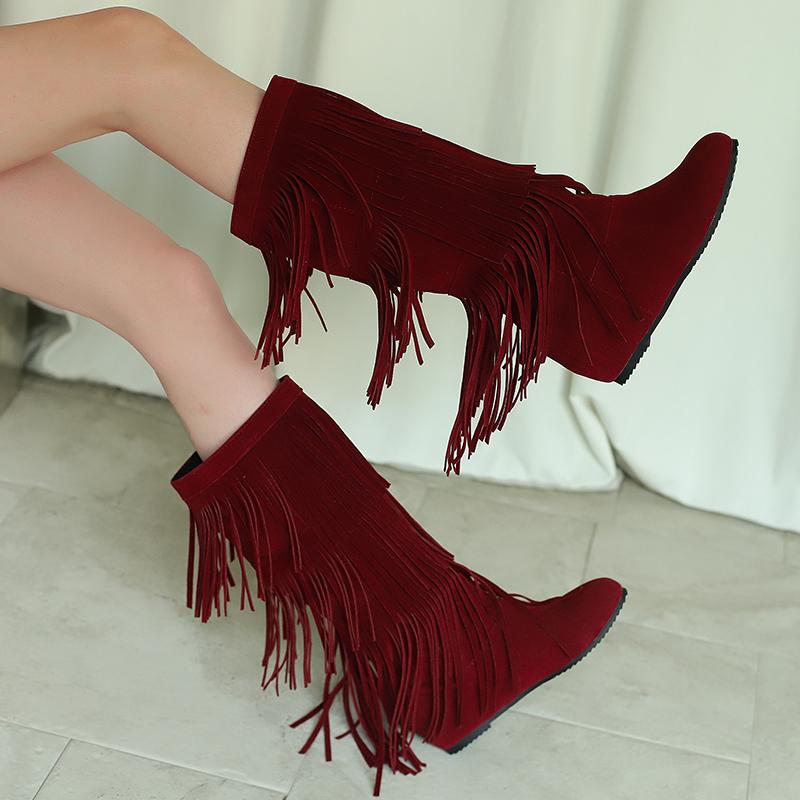 Plus Size Frosted Suede Material Three Sections Of Tassels Fine Stripes Flat Bottomed Sloping Heels Retro Midsole Boots