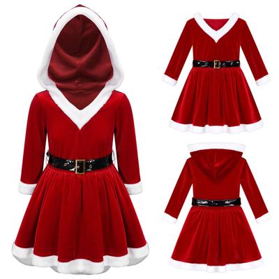 Kinderen Meisjes Kerstmis Mevr. Claus Jurk Holiday Party Elf Kostuum Fluweel Lange Mouw Clown Kraag Pom Pom Trim Dansjurk