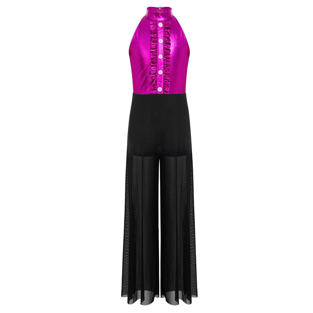 Meisjes Mock Neck Mouwloze Jumpsuit Metallic Bodice Ruches Wijde Pijp Rits aan de Achterkant Jazzdans Kostuum