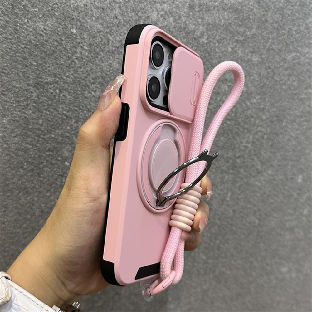 Armor Ring Stand Holder Slide Window Magnetic with Wrist Strap Phone Case for iPhone 16 15 Pro Max 13 12 11 14 Plus Bumper Cover