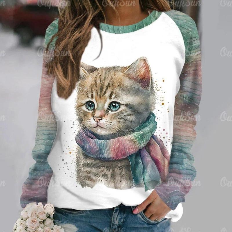 Mode Kawaii Katt Djur Tryck Långärmade T-shirts För Kvinnor Sweatshirts Dam Söt O-Hals Pullover Kvinna T-shirts Topp Kläder