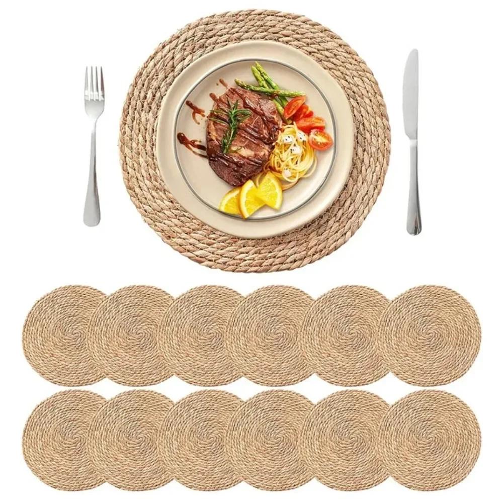 Round Handwoven Rattan Placemats Round Heat Insulation Mats Natural Woven Table Mats Slip Heat Resistant Table Mat for Dining