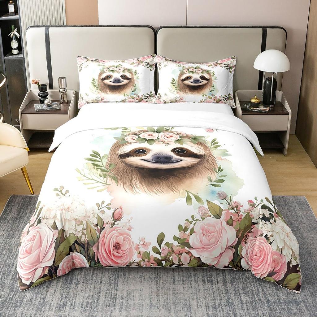 Sloths Tropical Leaves Warm Comforter Cover Set Beding Set for Children Kids Young Boys Young Girls Lovely Animal Soft Duvet Cover Lovely Bedspread