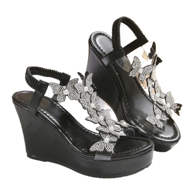 Fashion Plus Size 2025 Summer Women's Modern Sandals Crystal Butterfly Platform Wedges Elastic Band Sandals Fashion Dress Party Shoes