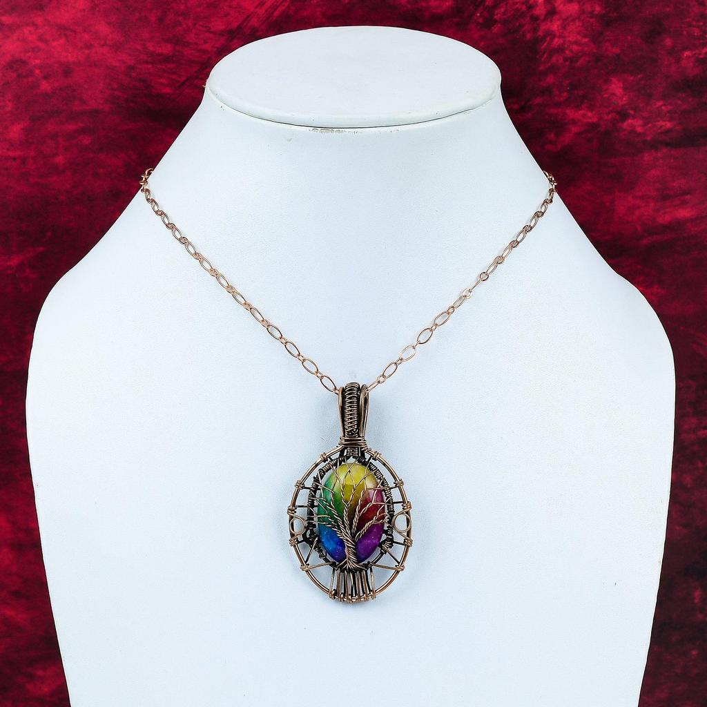 Tree Of Life Rainbow Solar Quartz Druzy Pendant Copper Wire Wrapped Gemstone Pendant Handmade Pendant Dainty Copper Jewelry Engagement Gifts