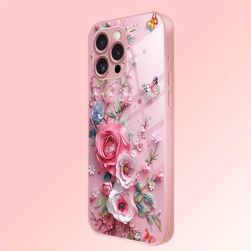 Schmetterlingsblumenmuster Rosa Metallic-Lack Glas Harte Handyhülle Für iPhone 17 Pro Max 16 15 14 13 12 11 17 Air Plus 16E Hülle