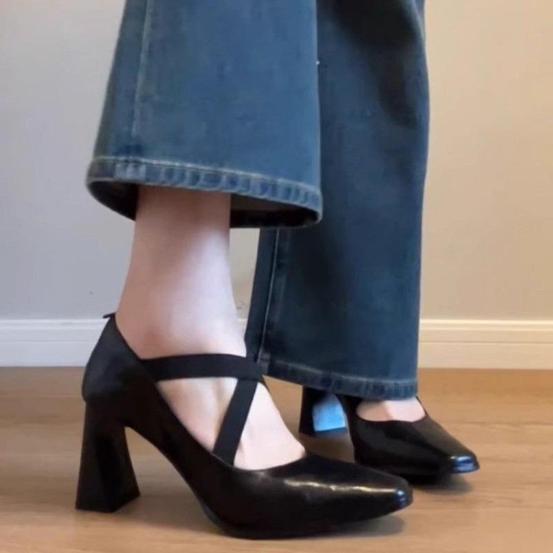 2025 Spring And Summer New Cross Elastic Band Retro Thick Heel Mary Jane One Foot High Heels Women Singles Pointed Ballet Shoes