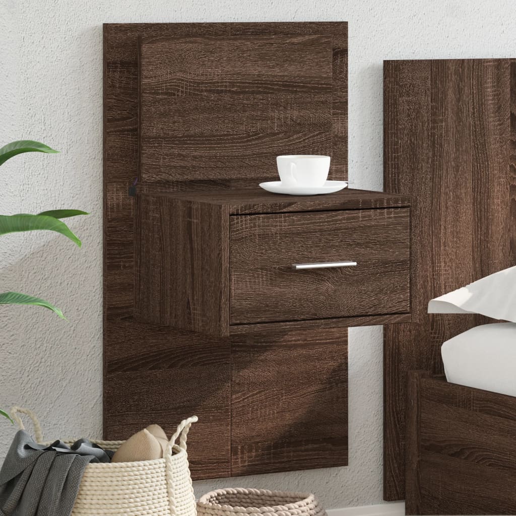Wall Mounted Nightstand with LED Lighting Brown Oak Effect