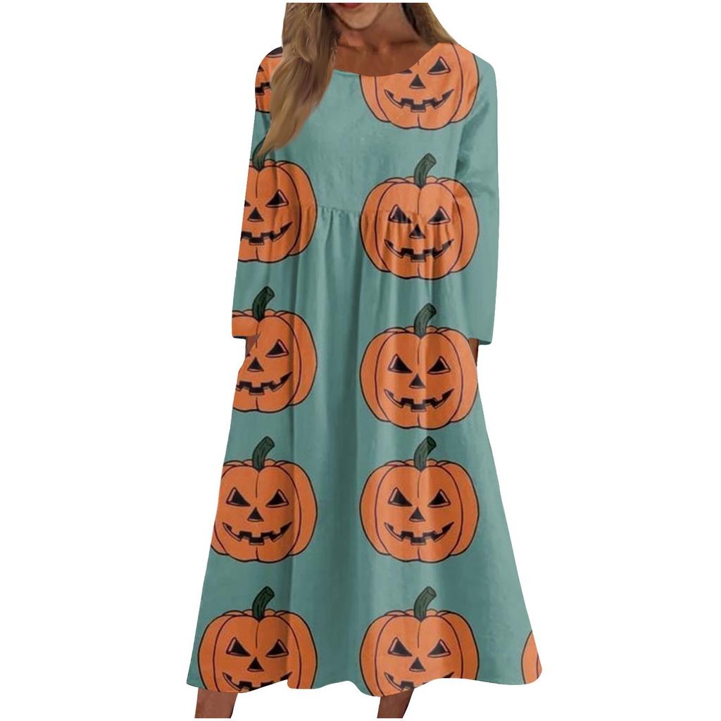 Kvinners uformelle trykk med rund hals. Mellomlang kjole Langermet kjole med lommer