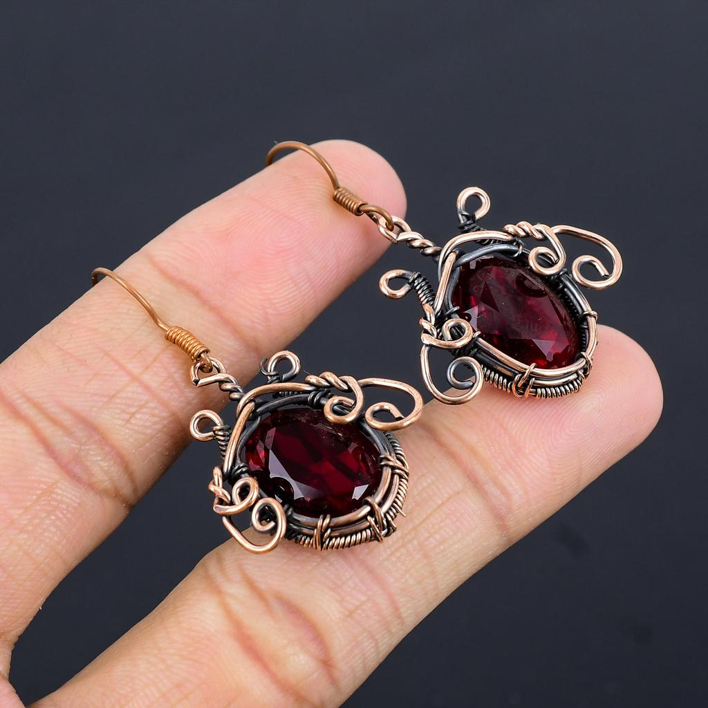 Garnet Jewelry, 999 Copper Wire Wrapped Earrings, Handmade Gemstone Jewelry Earrings For Memorial Day