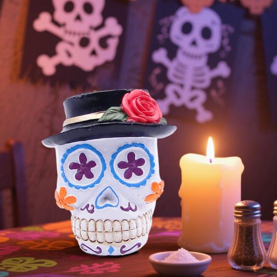 Day of The Dead Floral Skull Statue Colorful Flower Patterned Human Head Bone Model Resin Sugar Skull Figurine for Halloween Home Tabletop Decor