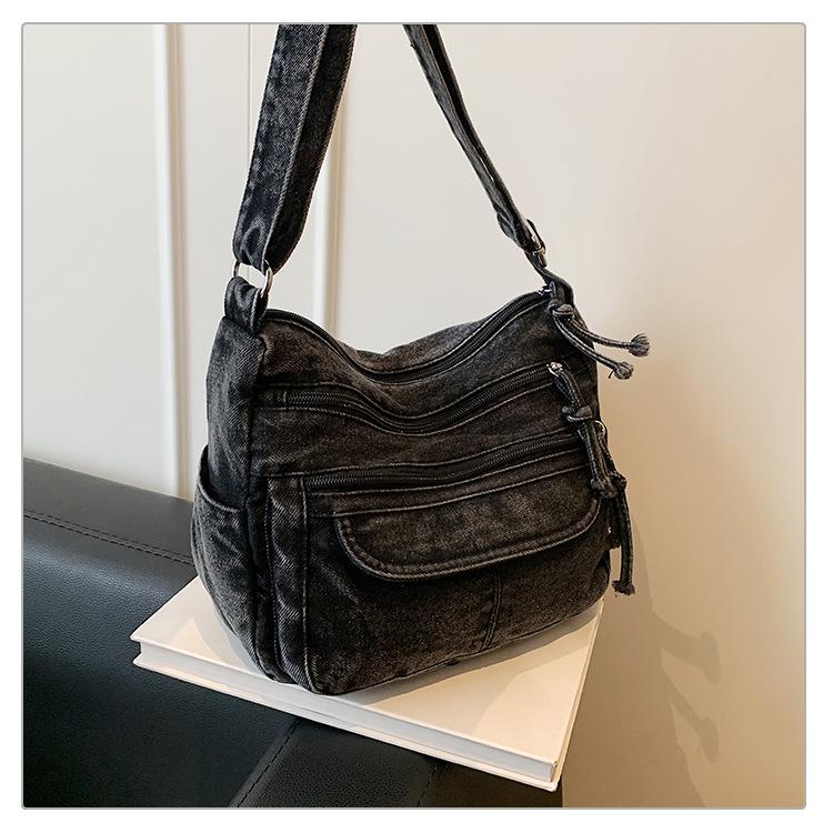 Retro Crossbody Washed Denim Multi-Zipper Small Commuter Bag