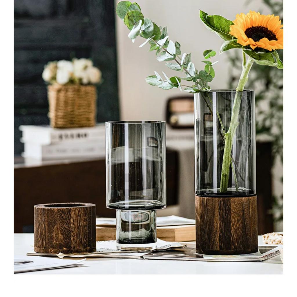 Decoración de Jarrón con Base de Madera Simple y Creativo Vidrio Flores Cultivadas en Agua Sala de Estar Mesa de Comedor Arreglo Floral