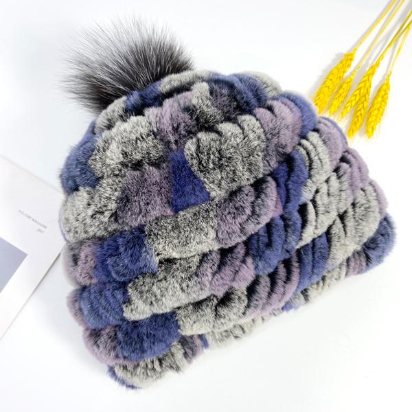 Heißer Kaninchen Fell Pompon Hüte Frauen Winter Flauschigen Warme Gestrickte Elastische Mützen Fuchs Echtpelz Stricken Hut Weiche Elastische Gestreiften Skullies
