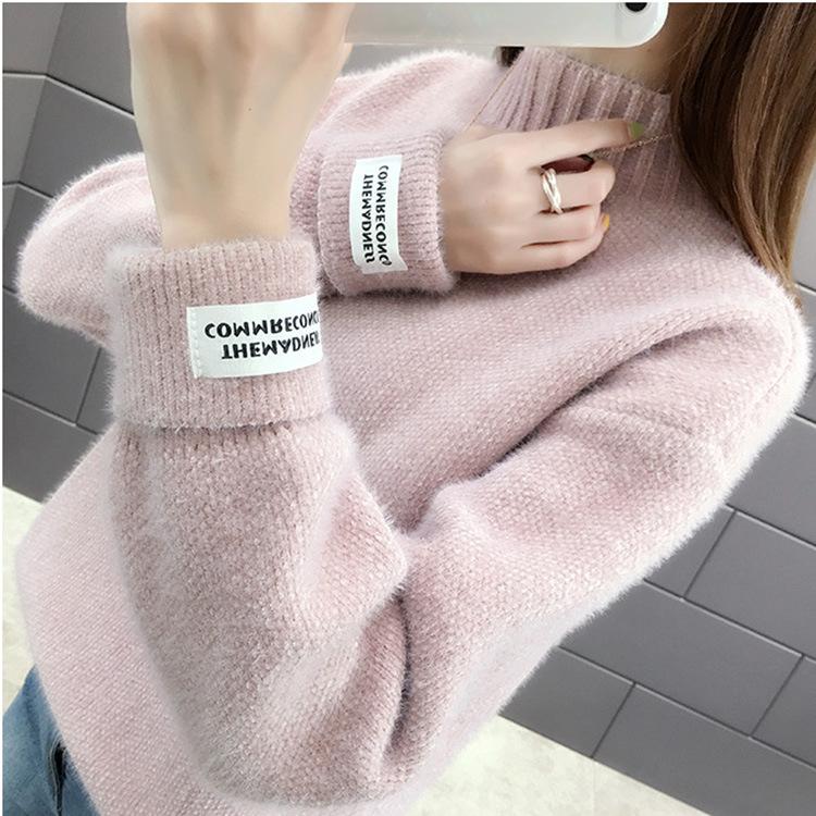 

Women s Autumn and Winter Mink Fleece Knitted Sweater Fashion Loose Knitted Half-turtleneck Blouse One size розовый