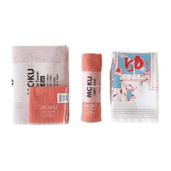 CONTEXT MOKU & Tenugui Towel Set - Bath, Face, Handkerchief, Orange Cat Bathhouse Tenugui - Includes 1 L, 1 M, 1 Handkerchief, 1 Tenugui Towel in a