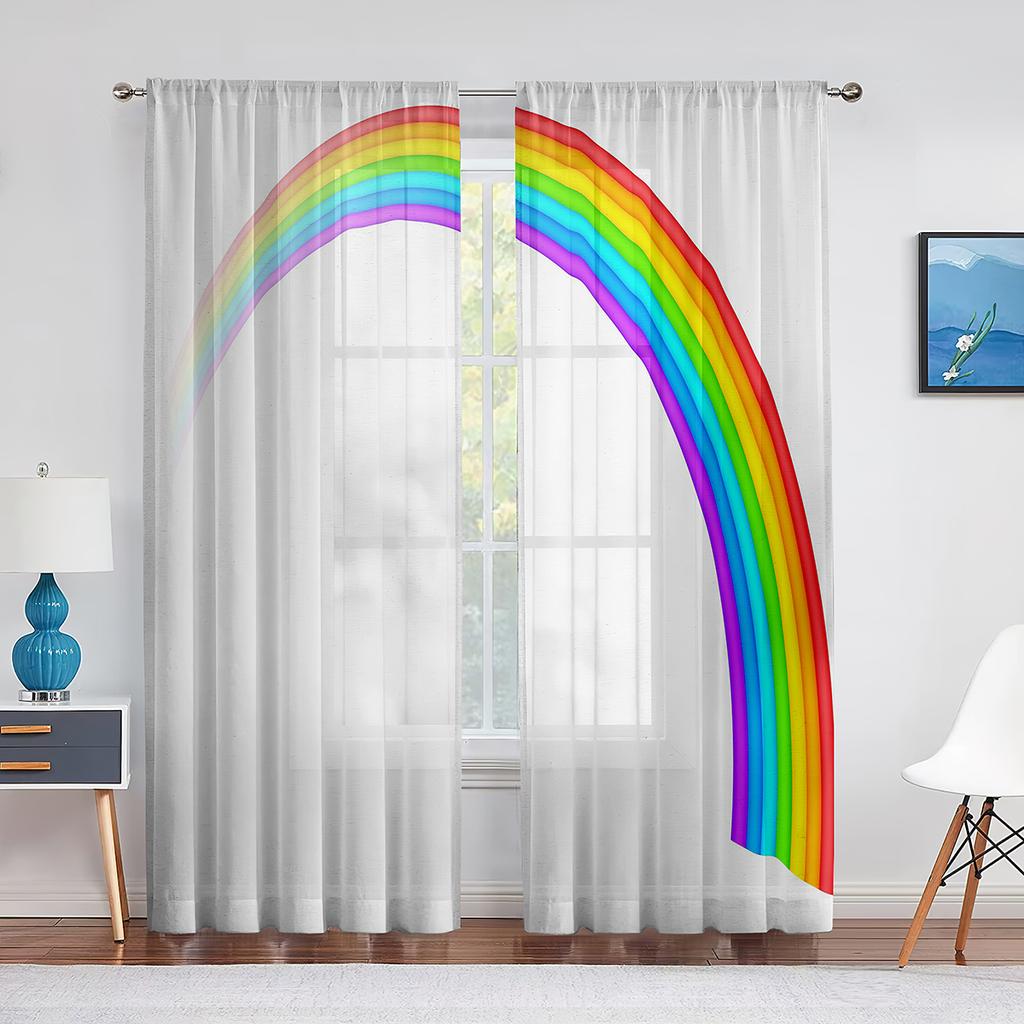 Fluffy Clouds and Rainbow Sky Tulle Curtains for Living Room Kids Bedroom Decoration Chiffon Sheer Voile Window Curtain Drapes