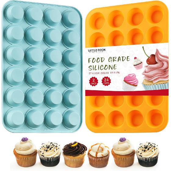 2PCS Silicone Mini Muffin & Cupcake Pan Set, Little Cook 24 Cups Mini Muffin Baking Pan, Non-Stick, BPA Free, Dishwasher Safe, Perfect for Making