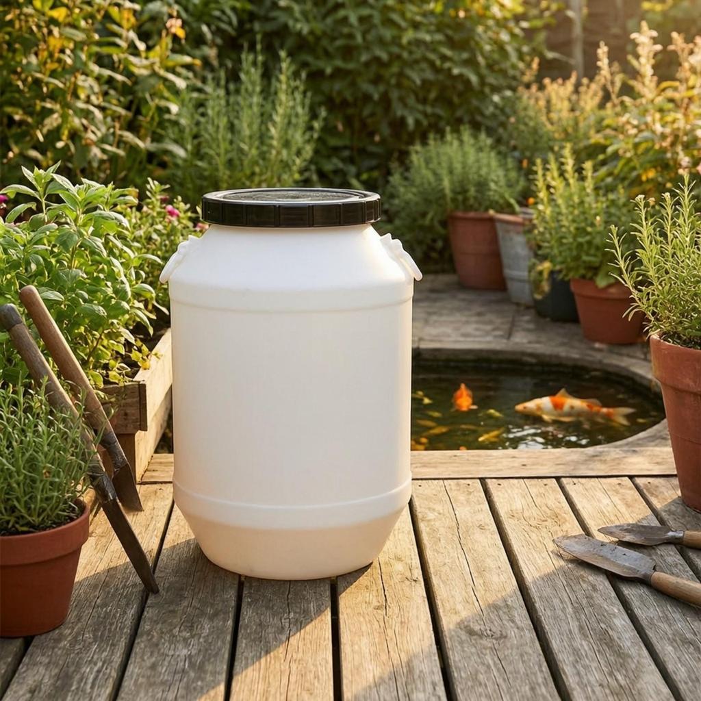 FoodGrade Barrel with Lid | Secure Lidded Opening, Food Grade Storage Barrel, for Utility Room White
