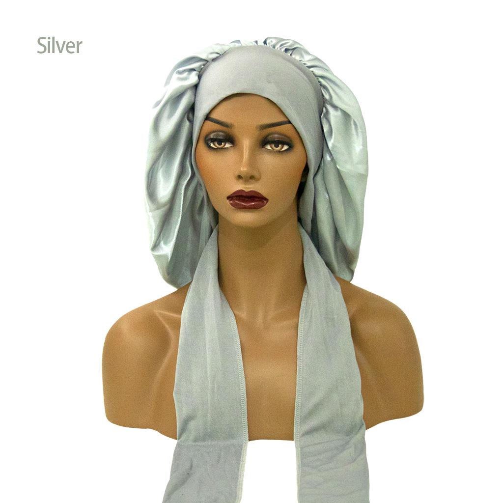 Satin Nightcap with Wide Elastic and Long Tail - Extra Large Women's Ribbon Shower Hat
