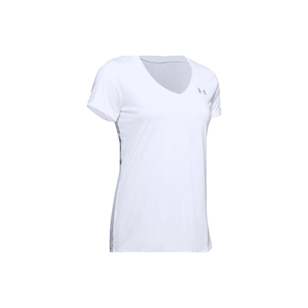 Under Armour Solid Color V-Neck Short Sleeve T-Shirt Women Tops Silver 1255839-100
