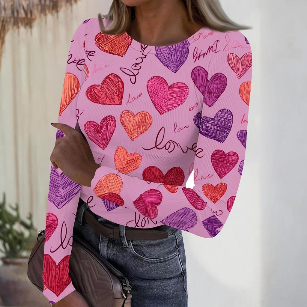 Haut côtelé décontracté et tendance pour femme, à col rond et manches longues, avec imprimé Saint-Valentin.