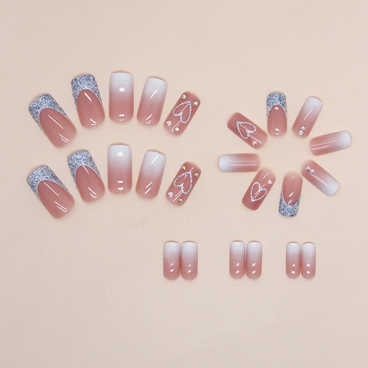 Heart Press on Nails Medium Square Fake Nails Glitter False Nails with Designs Ombre Glossy Glue on Nails Full Cover Bling Shiny Artificial Acrylic
