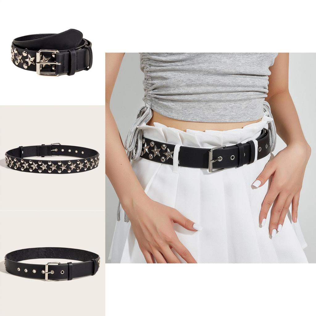 New Star Studded Fashionable Punk Style Wide Belt For Women's Jeans Faux Leather Material