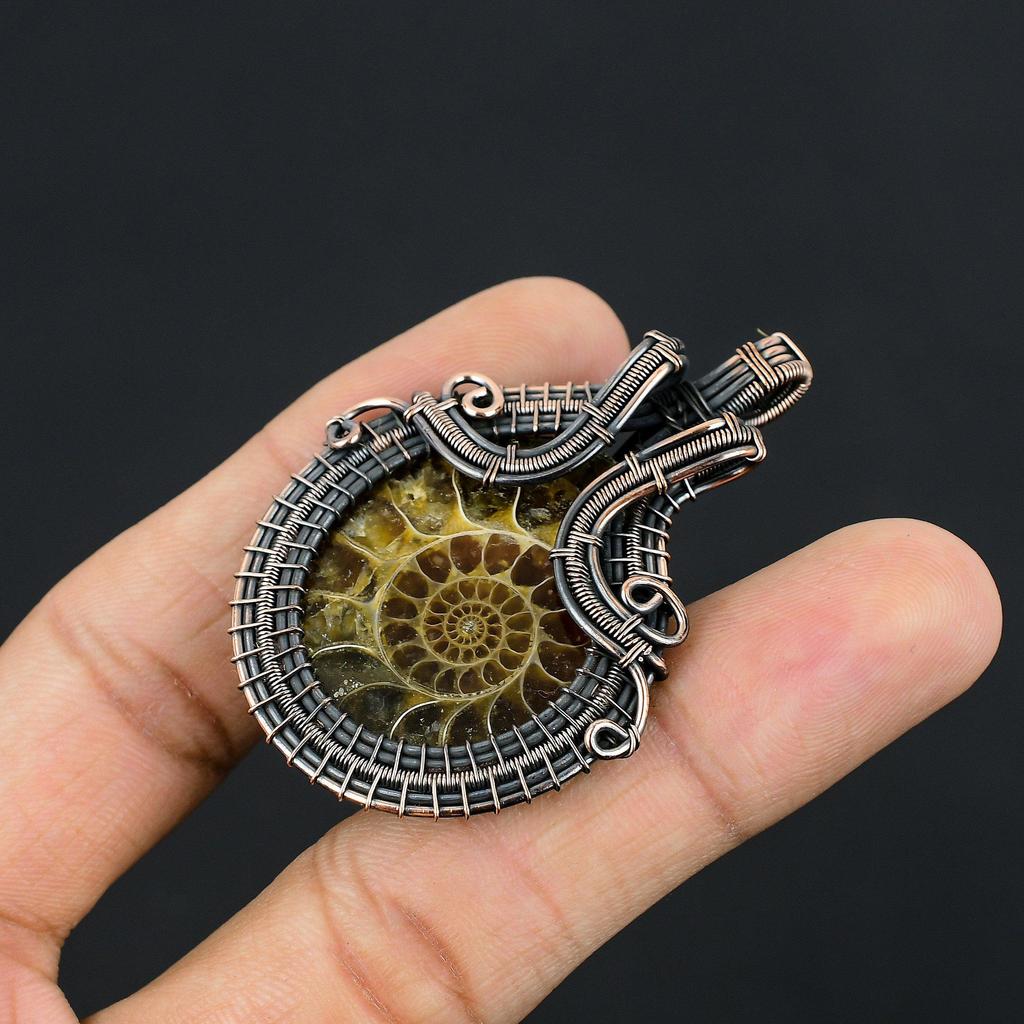 Ammonite Fossil Jewelry, 999 Copper Wire Wrapped Gemstone Bracelet, Handmade Jewelry, For Memorial Day