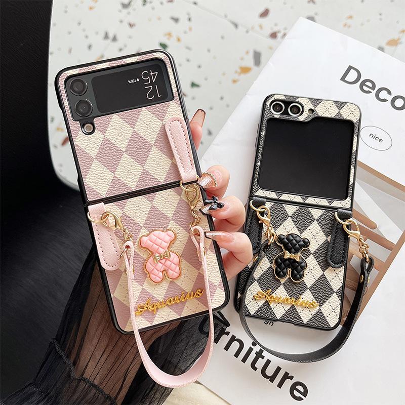 For Samsung Zflip6 Crossbody Rope Flip Phone Case P50 Folding Screen Xflip Bear Rhombus Letter Hard