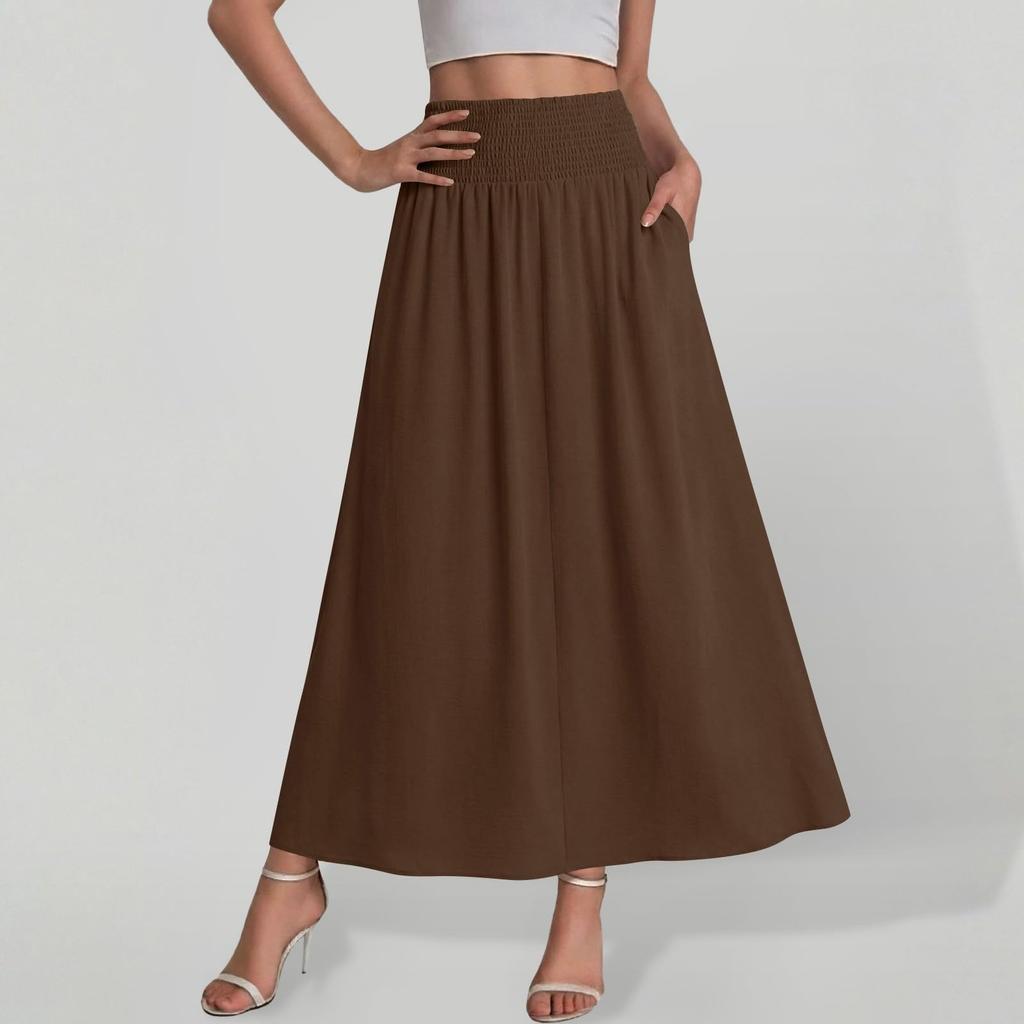 Women High Waist Loose A Line Maxi Skirt with Pockets Casual Solid Flared Elastic Waistband Long Skirt for Daily Wear