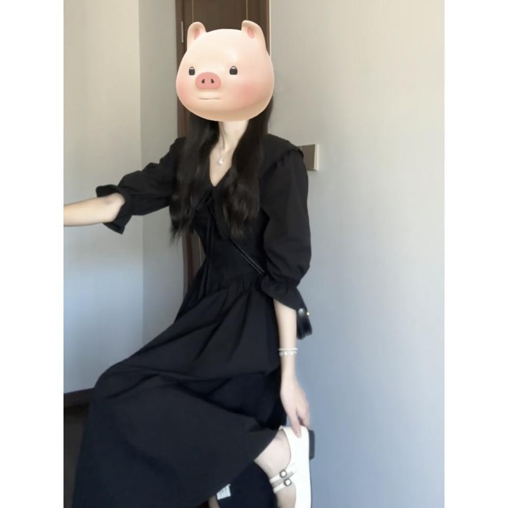 

Легкое и зрелое платье черного цвета с кукольным воротником для женской весны и лета, женское новое платье с талией и стройнящим силуэтом, супер огненное платье XL- (recommended 110-60kg)