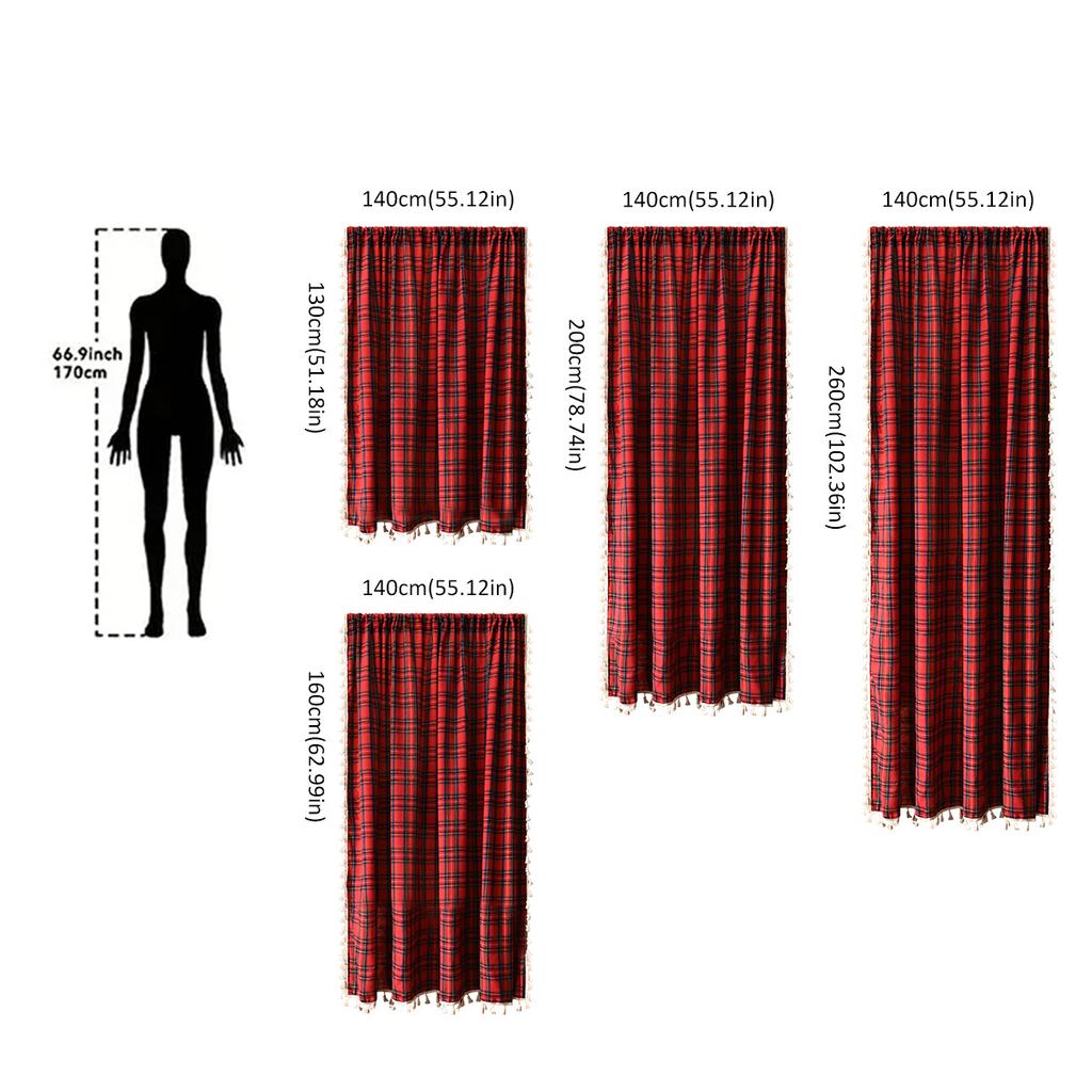 2025New Plaid Pattern Curtains Lace Curtains Rod Tassel Curtains Vintage Red Curtains