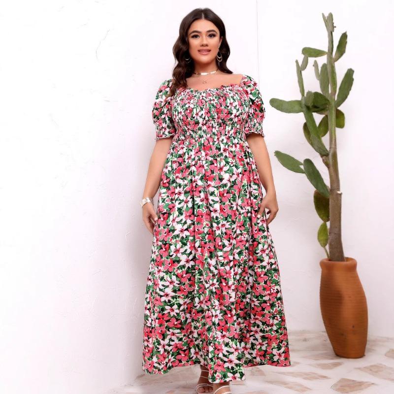 Big Size Women's Summer Floral One Shoulder Waist Slim Dresses