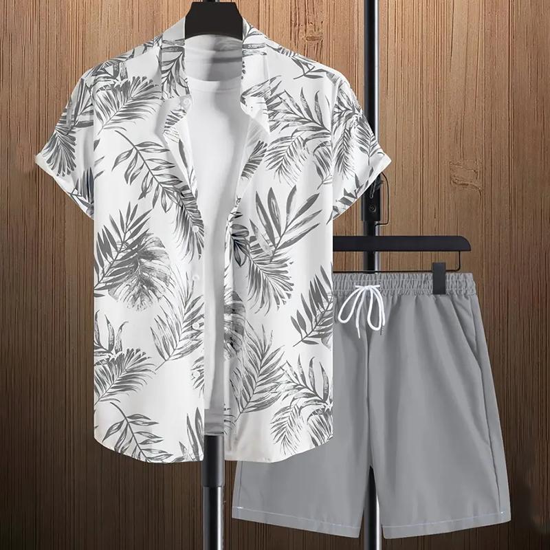 Stylish Lapel Button-Down Shirt Shorts Set Summer Men's Short-Sleeved Shirt Drawstring Shorts 2-Piece 3D Leaf Print Travel Suit