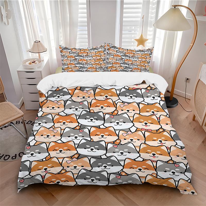 3pcs Cute Cartoon Dogs Quilt Cover Set (1 Quilt Cover + 2 Pillowcases Without Pillow Core)