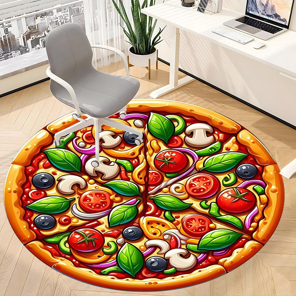 1pc Pizza Print Chair Carpet for Office, Round Polyester Mat, Indoor Decor for Office, Easycare Fabric, Washable Non-slip Area Carpet